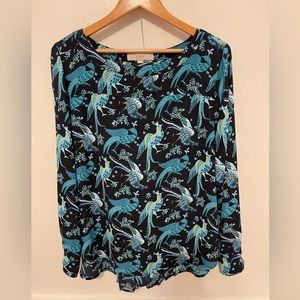 Ann Taylor LOFT Blouse -Teal Blue Navy Floral Peacock Pattern - VGUC sz Large